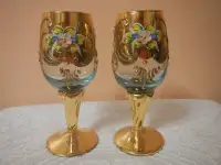 Antique Moser Glass Stem Glasses Gold Hand Painted Enamel 19th c