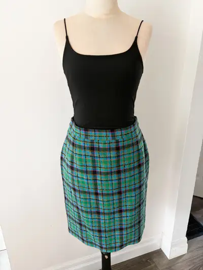 Vintage AGMIR Green and Blue Plaid Pencil Skirt, Size L, View more