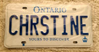 Ontario personalized plates. Never registered. CHRSTINE
