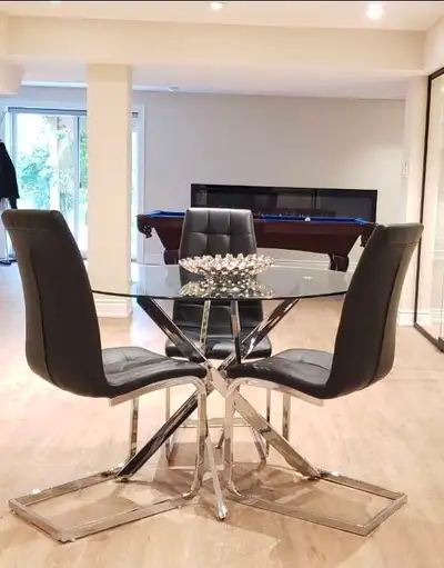 Glass round table with leather chairs, View more