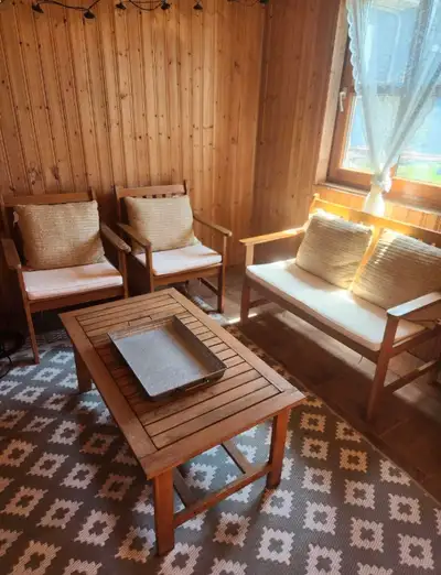 4 piece patio furniture set. In GUC, a little bit of stain coming off, regular wear and tear. Cushio...