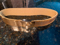 VTG 70s Stretch Gold Belt Glitter Fish Scale Floral Buckle Latch