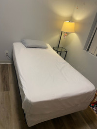 Single bed, mattress and boxspring with metal base. 