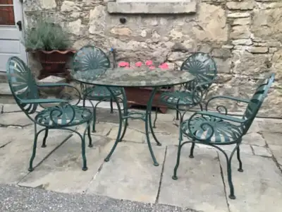 Antique Wrought Iron Francois Carre French Sunburst Garden Patio Set of 4 Spring Metal Chairs with A...