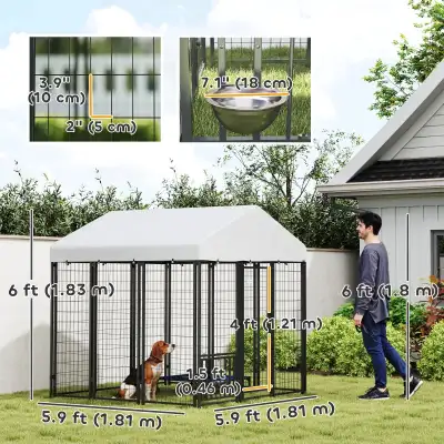 Outdoor Dog Kennel with Waterproof UV-Resistant Cover, Rotating & 4-Level Adjustable Feeding Bowls,...