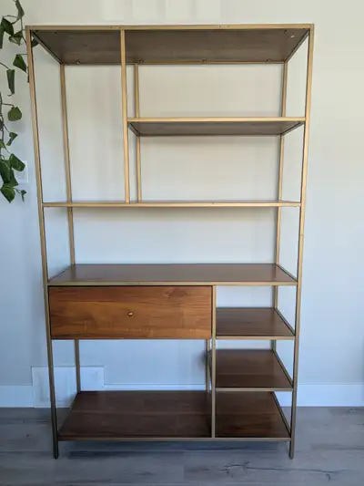 West Elm walnut bookcase with brass trim. Originally $2100, asking $500. 42x15x70