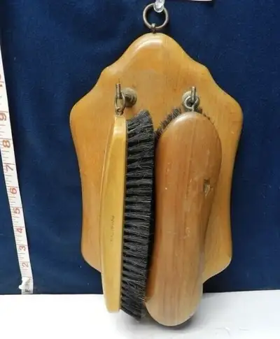 OLDER 2 BRUCH SET WITH WOODEN WALL PLAQUE for CLOTHES/POOL TABLE, View more