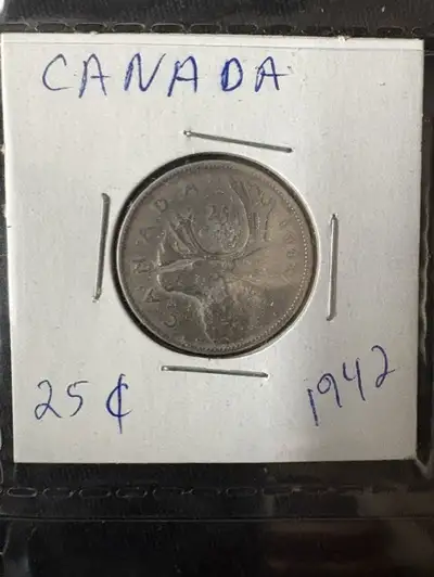 CANADA 25 CENT SILVER COINS, 1942, 1943, 1945, 1947, 1951, 1952 Sold pending pick up I have SIX Silv...