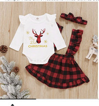 Newborn Baby Girl My 1st Christmas Outfits Romper Plaid Skirt He