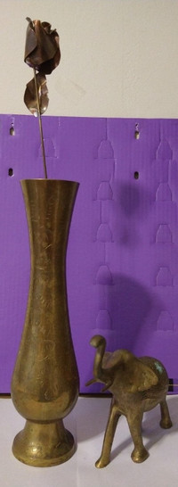 Vintage Solid Brass Vase + Elephant Figurine+