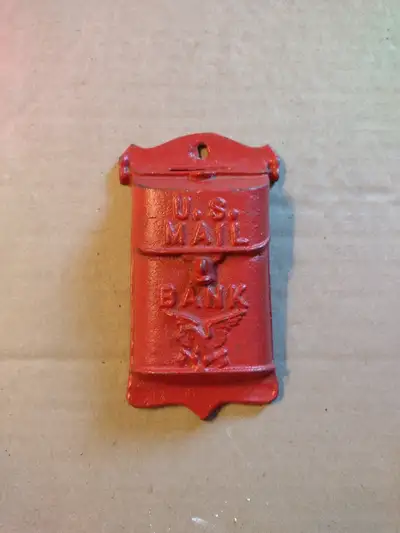 Excellent condition piggy bank, U.S. MAIL BANK cast iron with metal backing plate to remove the save...