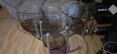 glass coffee table and 2 end tables, View more