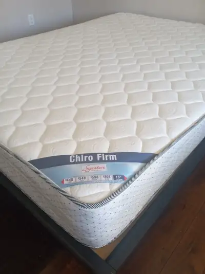 Queen platform bed with new mattress., View more