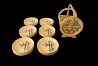 Vintage handmade boho wicker bamboo coasters set in basket