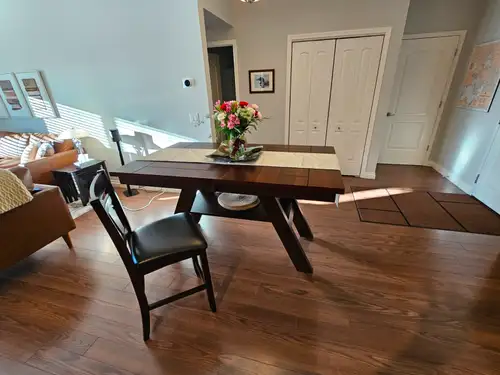 Wayfair Lark Manor Aljona COUNTER -HEIGHT Trestle Base Table. Crafted of rubberwood solids and venee...