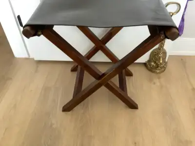 Vtg Walnut Wood Foldable Stool with a Brown Leather Seat, View more