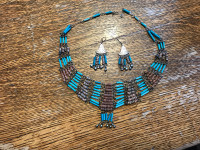 Egyptian Faience bib necklace and earrings 
