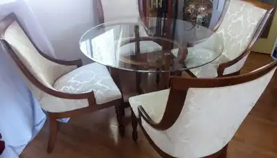 Beautiful solid wood glass top dining table and 4 chairs, View more