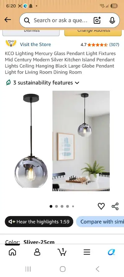 KCO Lighting Mercury Glass Pendant Light, View more
