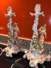 Antique Rococo German Porcelain Candlesticks Holders, Late 19th