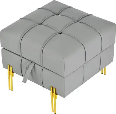 Leather Storage Ottoman (Gold Legs) | Pouf de rangement en cuir, View more