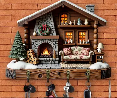 *NEW* 2-D FLAT WOODEN PANEL KEYCHAIN HOLDER-CABIN SCENE, View more
