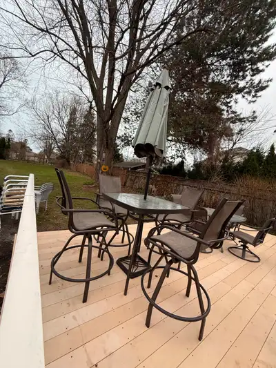 Bar Height Patio Set – 4 Swivel Chairs + Glass Table – Excellent, View more