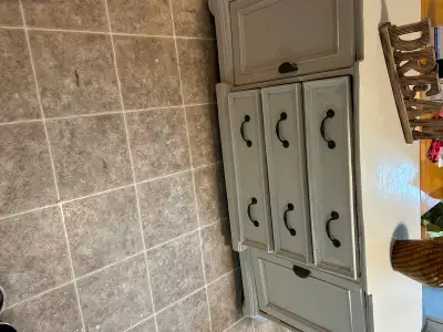 Long dresser 3 drawers and two doors and Nice hardware 68x21x301/2high 2 shelves light Biege