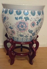 Oriental Jardiniere Large Porcelain Fishbowl Planter with Stand