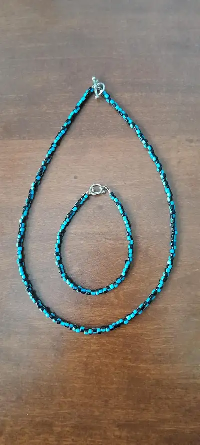Blue/Black Striped Matching Necklace & Bracelet Set, View more