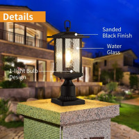 Outdoor Post Light with Water Glass Panels, Matte Black Finish,