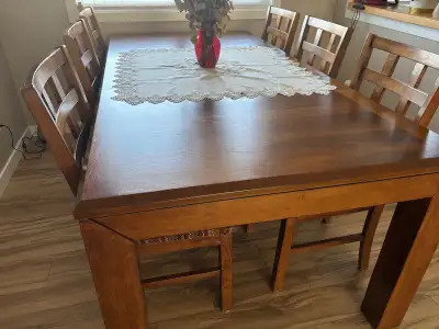Table in Perfect condition. Quality solid wood, without extension is 64". With extension is 82" x 42...