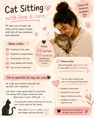 Looking for someone to care for your feline friend while you’re away? I provide professional, person...