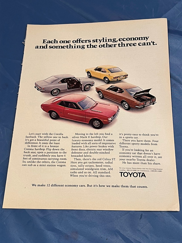 1972 Toyota Lineup Original Ad Corolla, Corona, Celica, Mark II in Arts & Collectibles in Calgary