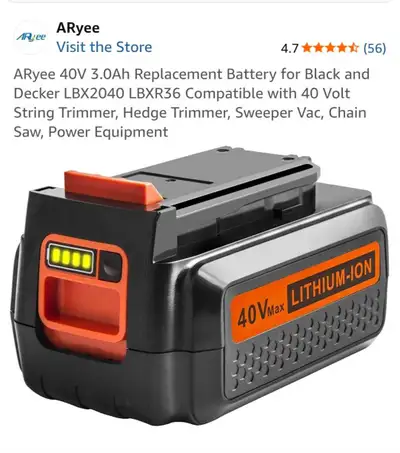BNIB ARyee 40V 3.0Ah Replacement Battery for Black and Decker PICK UP ONLY