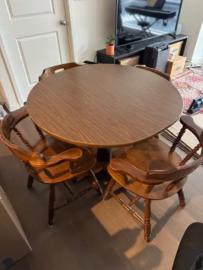 Vintage wood dining table and 4 chairs, View more