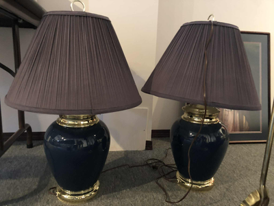 Matching Set of 2 Navy Lamps with Glass and Fabric Shades, View more