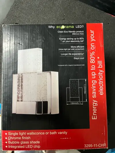 5 1/8” x 7 1/4” The light is an integrated LED wall sconce or bath vanity light featuring a chrome f...
