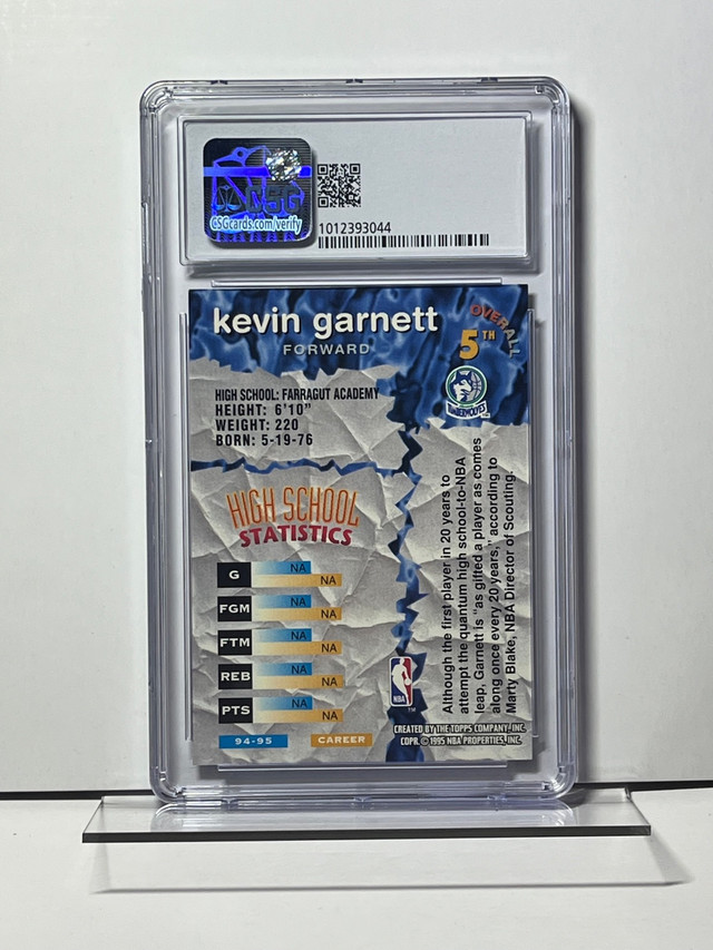 1995 Topps Stadium Club NBA Draft Picks Kevin Garnett #5 CSG 8.5 in Arts & Collectibles in Markham / York Region - Image 2