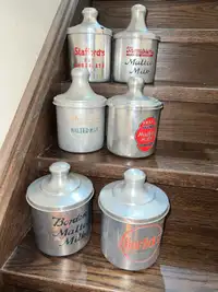 5 ASSORTED MALTED MILK METAL TINS WITH ORIGINAL TOPS