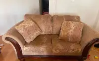Brown Upholstered Sofa and Love Seat, Wood Frame