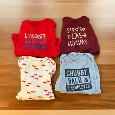 Excellent preowned condition long sleeved diaper shirt lot of 4 for baby boy includes: Carter's "Str...
