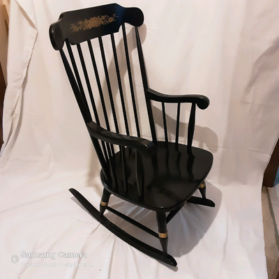 Vintage antique black rocking chair, gold stencils, cushions, View more