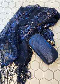 Navy blue shawl with matching clutch bag
