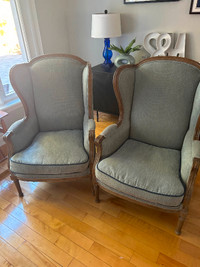 2 Blue Wing Back Chairs and French Country Table