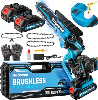 Cordless mini chain saw for sale. 2 batteries 21V, 6” blade length, 3 chains, one hand operated, por...
