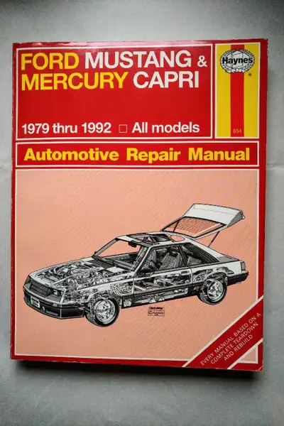 This is a Haynes repair manual for Ford Mustang and Mercury Capri models from 1979 through 1992. It'...