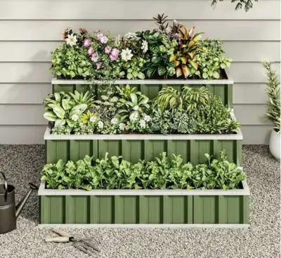 NEW 3-Tier Raised Garden Bed Corrugated Galvanized Powder-Coated Steel Dimensions 46.46" Long X 46.4...