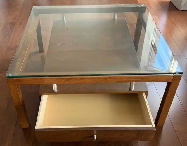 Designer glass, wood, & brushed nickel coffee table in Coffee Tables in Ottawa - Image 3