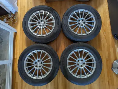4 pneus Michelin Defender 2 225/60R17 9/32" sur jantes RWC SB11 Hyper argent, 17"x7", 5x100mm, dépor...